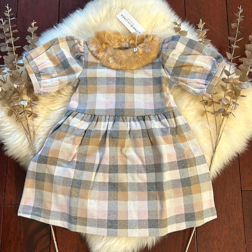 NWT Janie and Jack beige gray cream tartan faux fur party occasion holiday dress